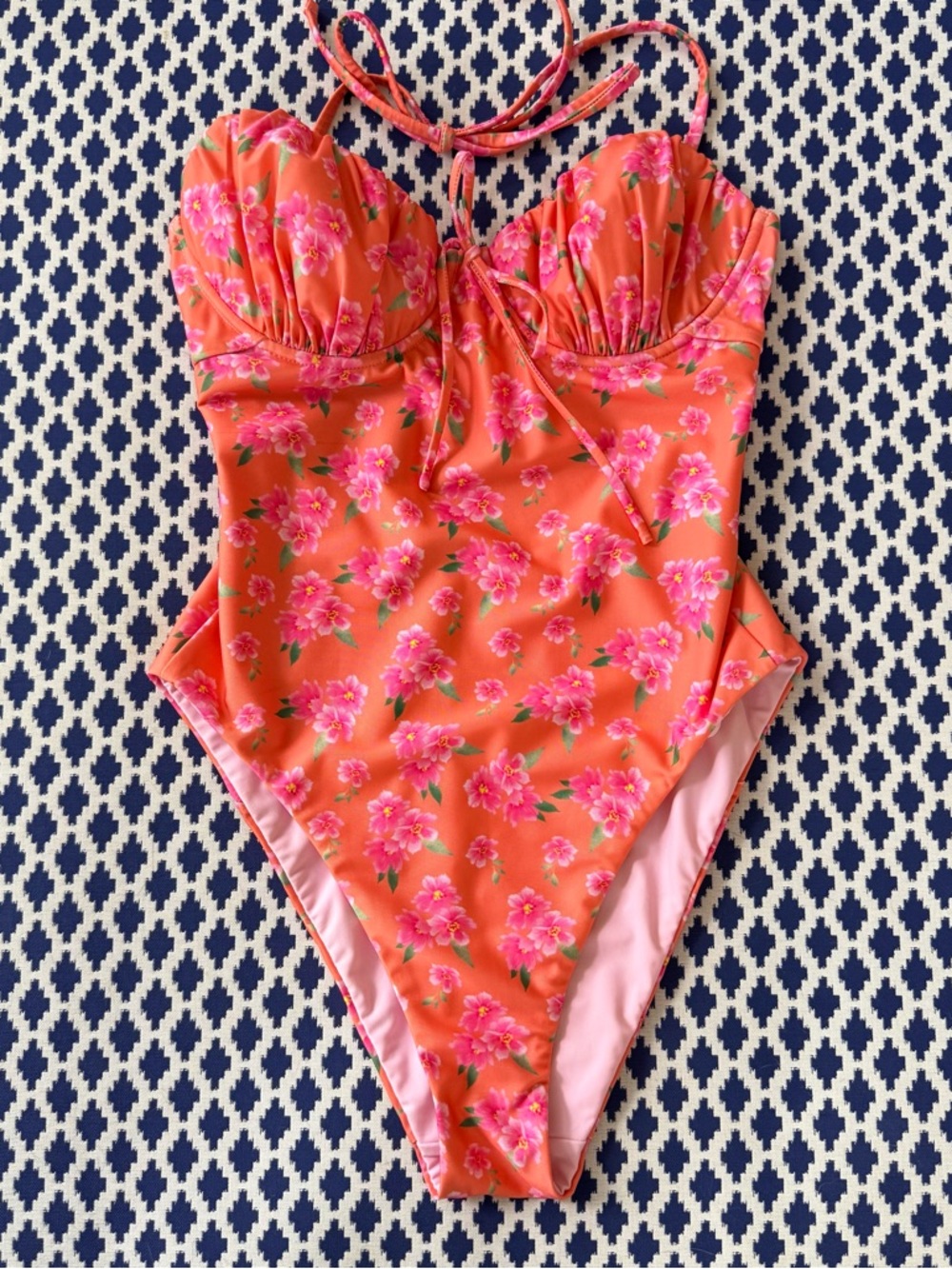 Floral One Piece Swimsuit Orange Pink Bustier Underwire Tie Shoulder Small